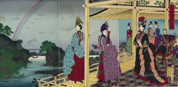 Ilustración del jardín renovado después de la lluvia 1888 Toyohara Chikanobu bijin okubi e Pinturas al óleo
